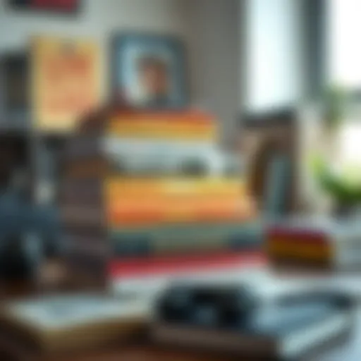 A collection of motivational books stacked on a desk