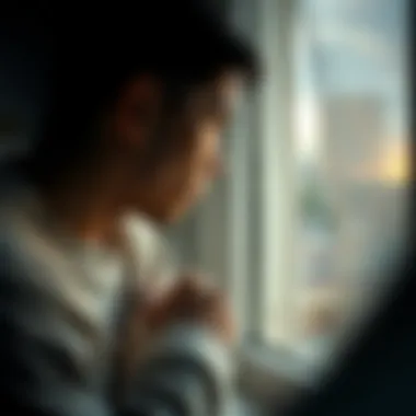 Contemplation and Suffering A contemplative figure gazing out a window, lost in thought.
