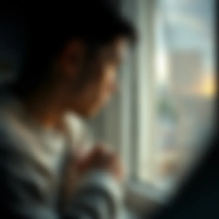 Contemplation and Suffering A contemplative figure gazing out a window, lost in thought.