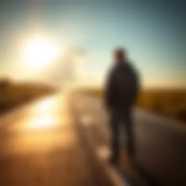 A person standing at a crossroad, reflecting on their choices, embodying self-awareness