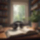 A serene listening environment featuring headphones and a cozy reading nook