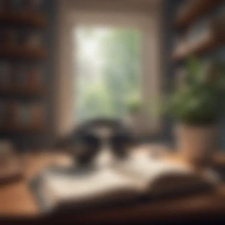 A serene listening environment featuring headphones and a cozy reading nook