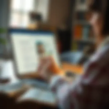 Engaging with Literary Insights A reader engaging with a book overview website on a laptop