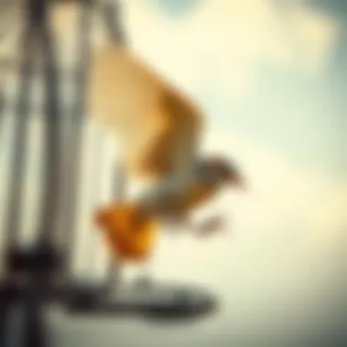 A bird breaking free from its cage representing liberation