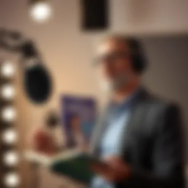 An engaging narrator recording an audiobook in a studio setting