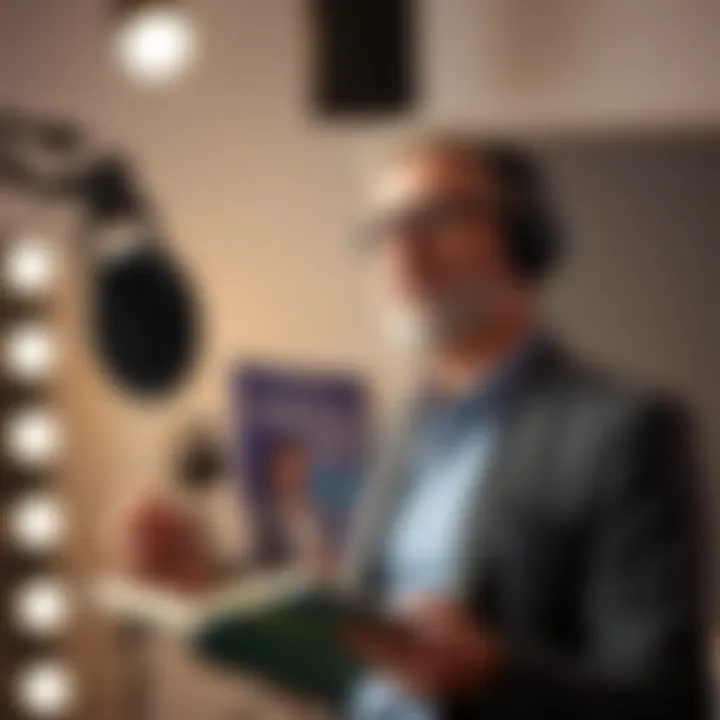 An engaging narrator recording an audiobook in a studio setting