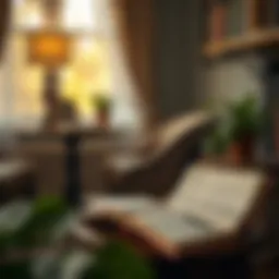 A cozy reading nook with an inviting atmosphere and an open book on a side table