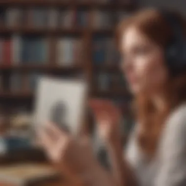 An individual immersed in listening to an audiobook with a thoughtful expression