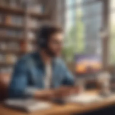 Audiobooks Aligned with Busy Lifestyles A modern workspace with a laptop and a subscription service for audiobooks