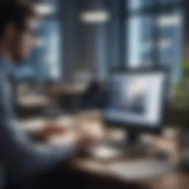 A person analyzing data on a laptop in a modern office setting