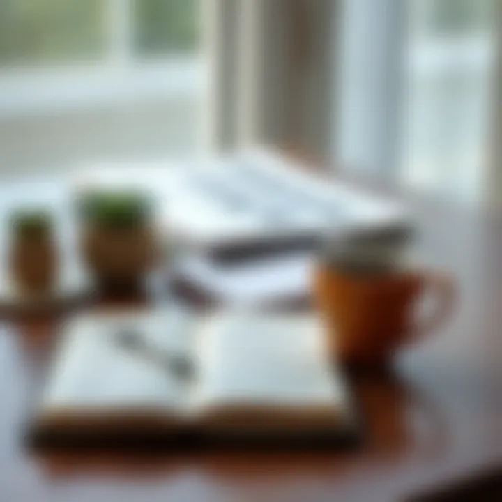 Moments of Reflection A calm workspace with a cup of coffee and a notebook for reflection