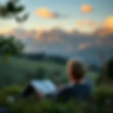 A serene landscape with a person reflecting while reading a book in nature