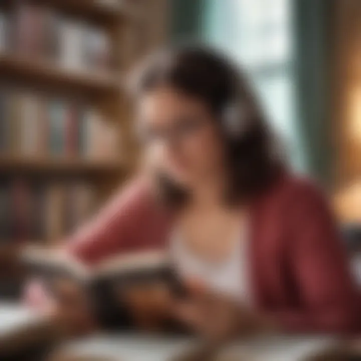 An individual immersed in a book while listening on headphones, illustrating the dual engagement of reading and audio.