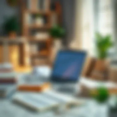 Informed Financial Environment A serene workspace with a laptop and investment resources