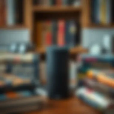 A sleek Amazon Alexa device surrounded by various audiobooks.