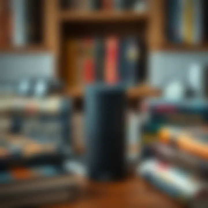 A sleek Amazon Alexa device surrounded by various audiobooks.