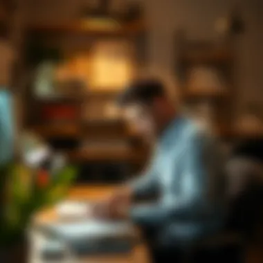 A focused individual organizing their workspace for maximum productivity