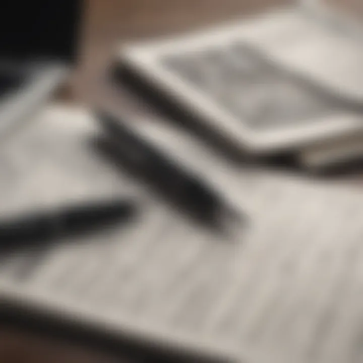 A close-up of a pen writing on a notepad beside a laptop, with finance-related documents