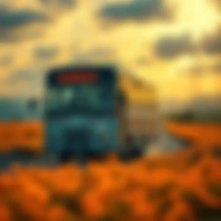 Journey of Positivity A bus filled with light and energy driving through a vibrant landscape