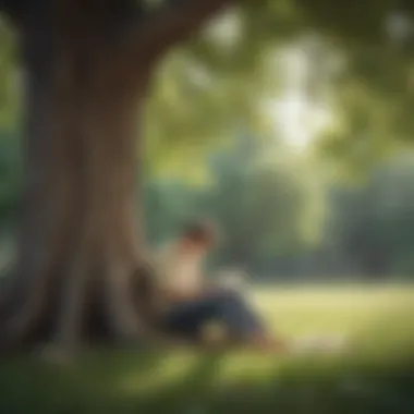 A thoughtful individual immersed in reading under a tree