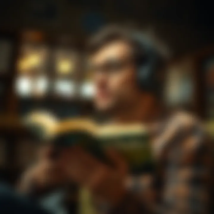 An individual immersed in listening to an audiobook