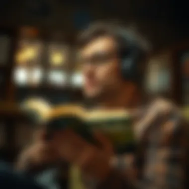 Engaged Listening Experience An individual immersed in listening to an audiobook