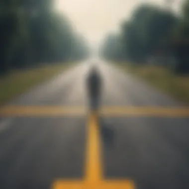 The Crossroads of Authenticity A lone figure standing at a crossroads, symbolizing the choice to embrace authenticity.