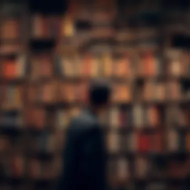 Pondering Life's Decisions A contemplative figure standing before a shelf of books, pondering their decisions
