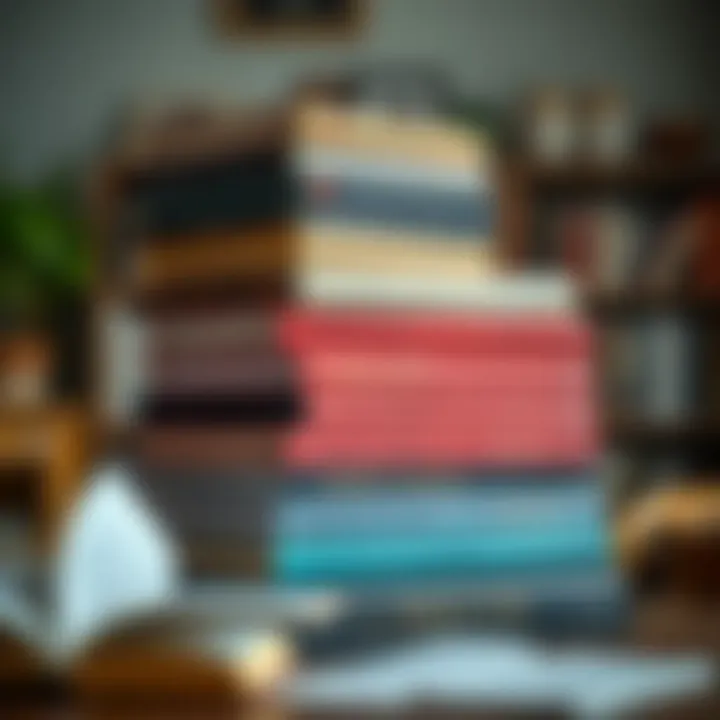 A stack of profound books with diverse covers placed on a table.