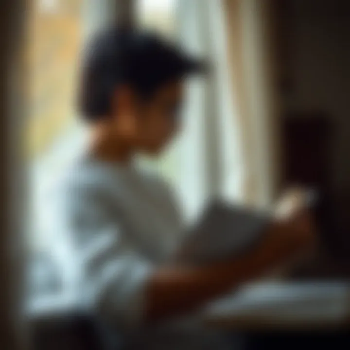 A contemplative individual gazing out of a window with a book in hand.