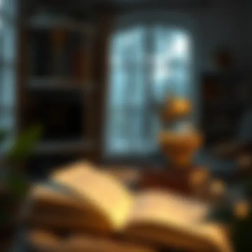 A serene reading nook with soft lighting and a cozy chair.