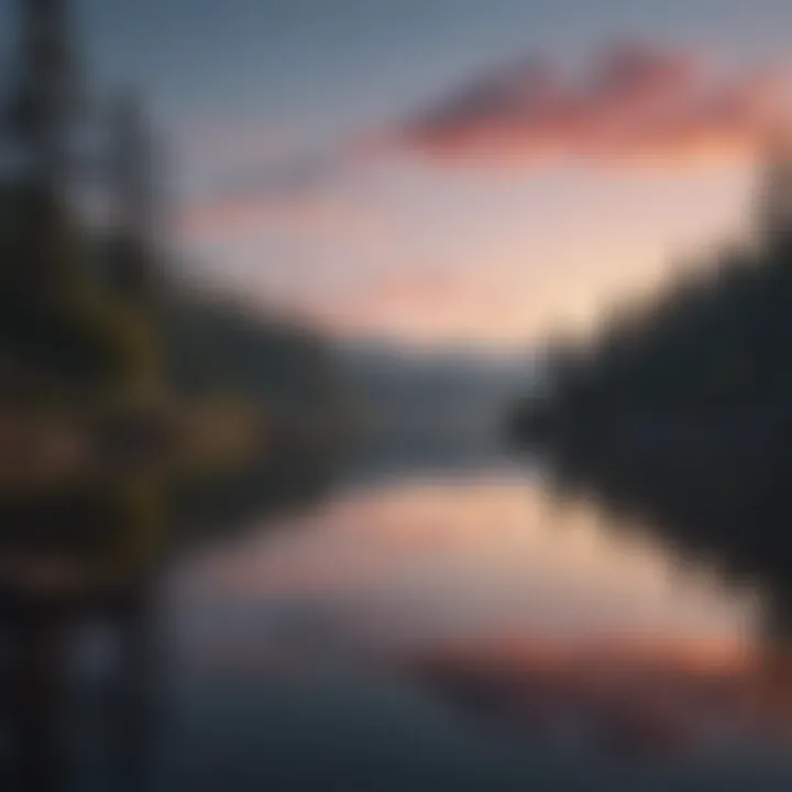 A serene lake reflecting the sky at dusk