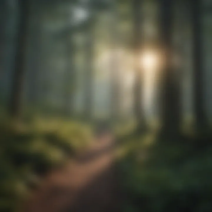 Tranquil forest scene with sunlight filtering through trees