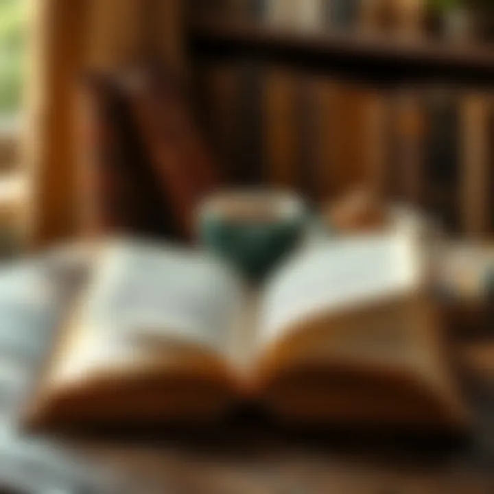 An open book with highlighted passages and a cup of coffee