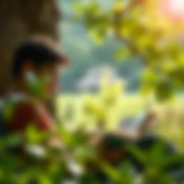 A person reading in a serene environment surrounded by nature