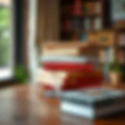 A stack of influential books on a wooden table