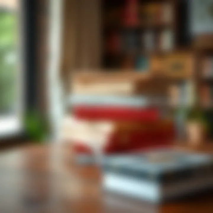 A stack of influential books on a wooden table